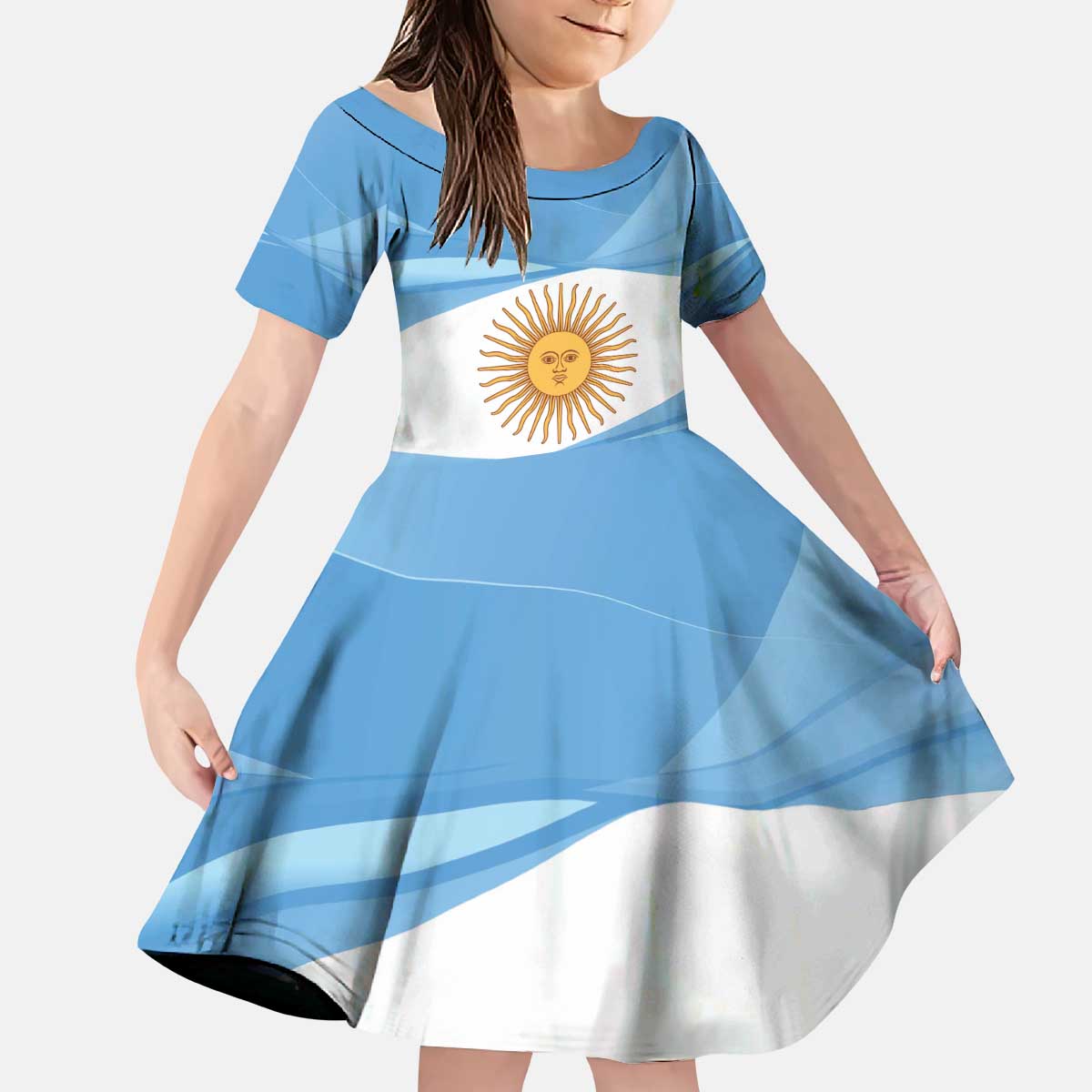 Argentina Flag Day Personalized Kid Short Sleeve Dress Simple Sol de Mayo