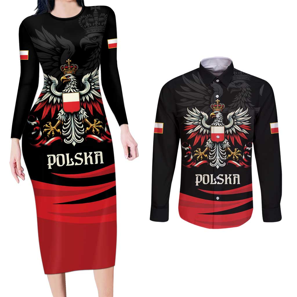 Poland National Flag Day Personalized Couples Matching Long Sleeve Bodycon Dress and Long Sleeve Button Shirt Polsk Eagle Proud to be Poland
