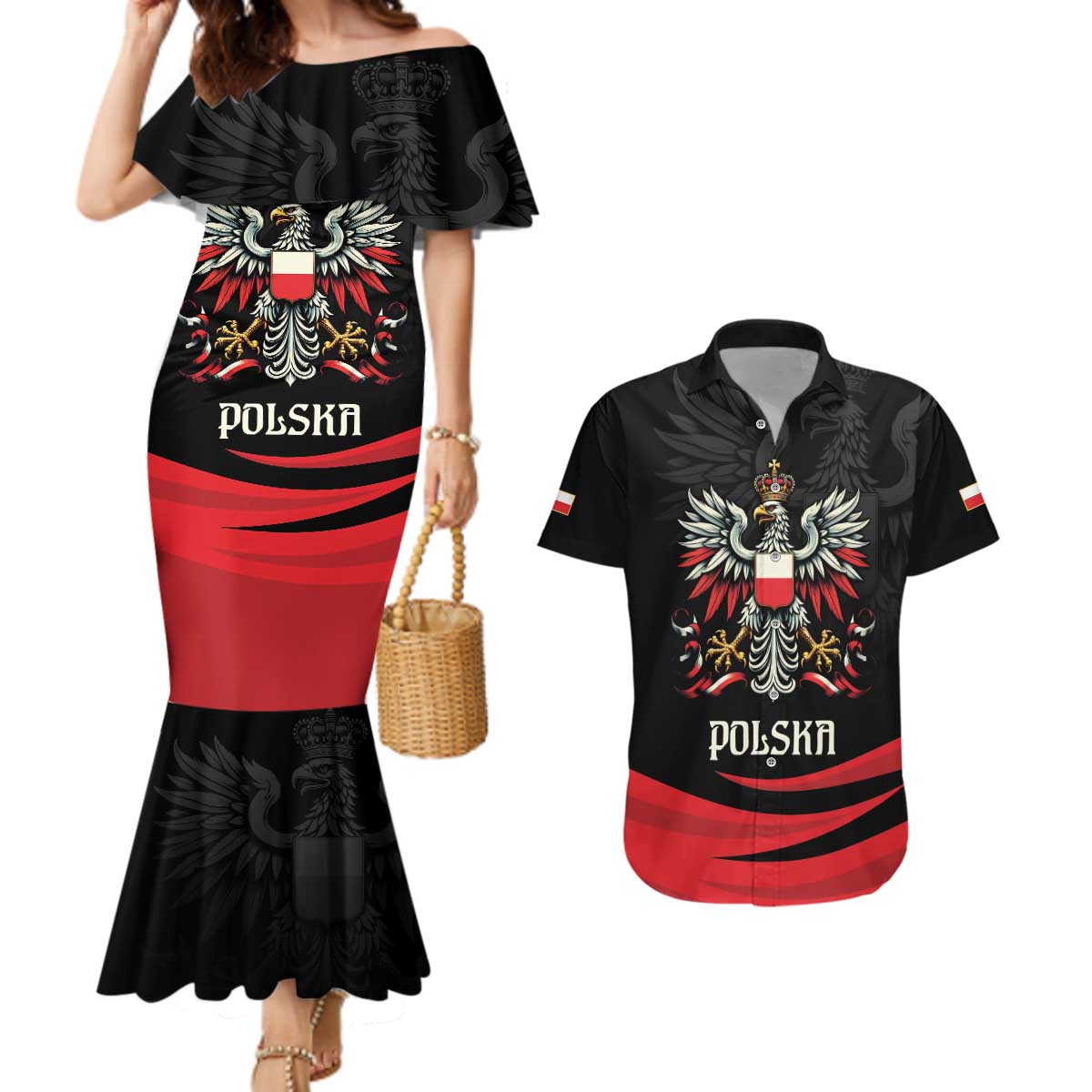 Poland National Flag Day Personalized Couples Matching Mermaid Dress and Hawaiian Shirt Polsk Eagle Proud to be Poland