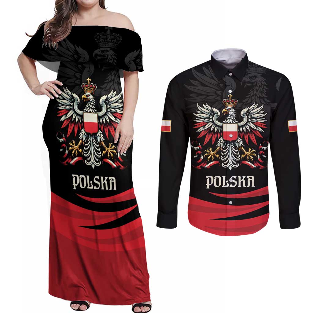 Poland National Flag Day Personalized Couples Matching Off Shoulder Maxi Dress and Long Sleeve Button Shirt Polsk Eagle Proud to be Poland