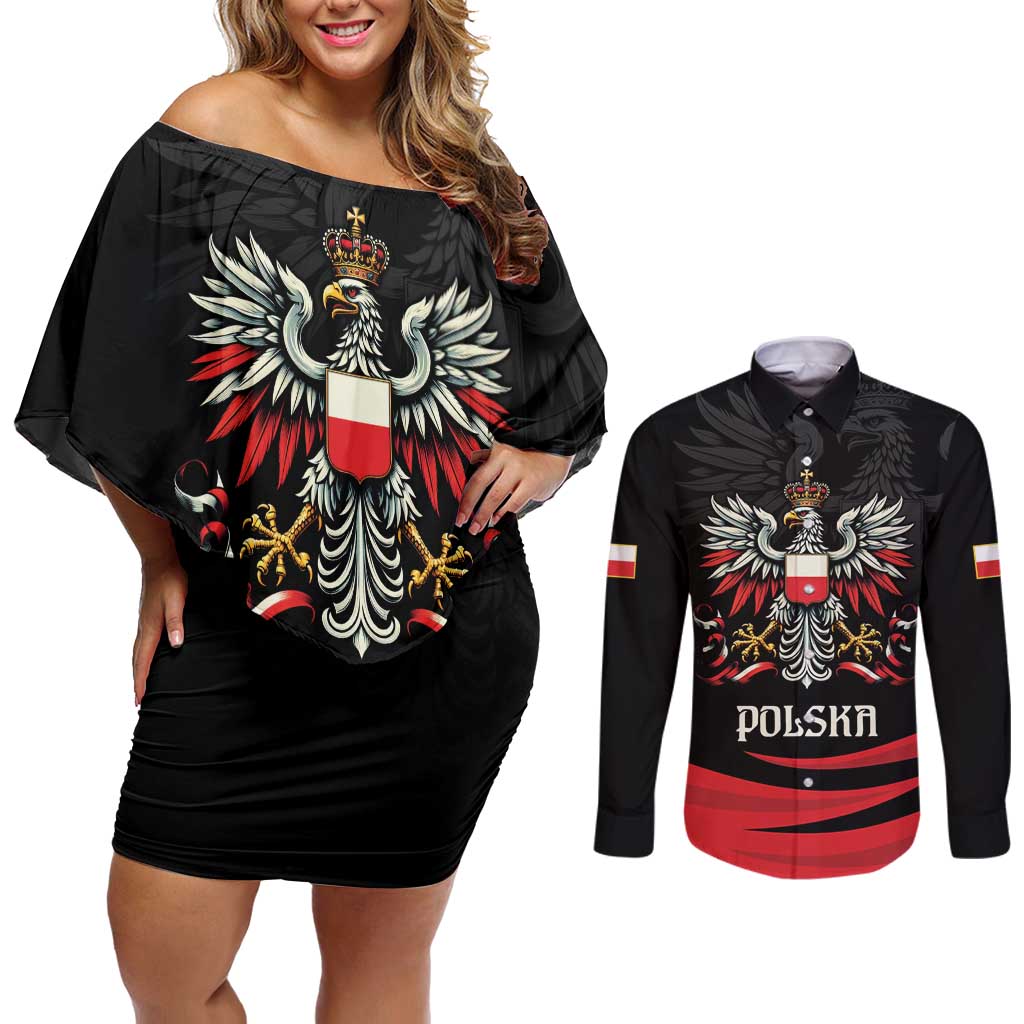 Poland National Flag Day Personalized Couples Matching Off Shoulder Short Dress and Long Sleeve Button Shirt Polsk Eagle Proud to be Poland