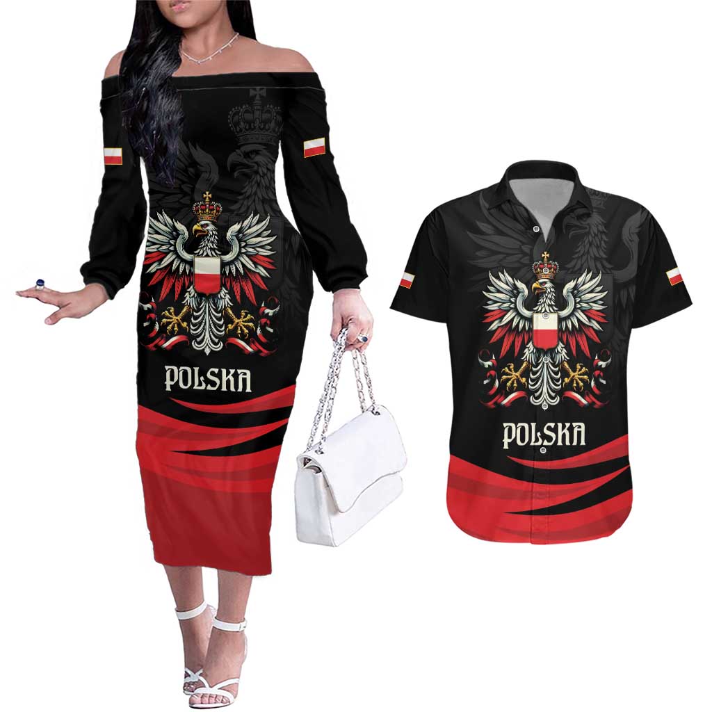 Poland National Flag Day Personalized Couples Matching Off The Shoulder Long Sleeve Dress and Hawaiian Shirt Polsk Eagle Proud to be Poland