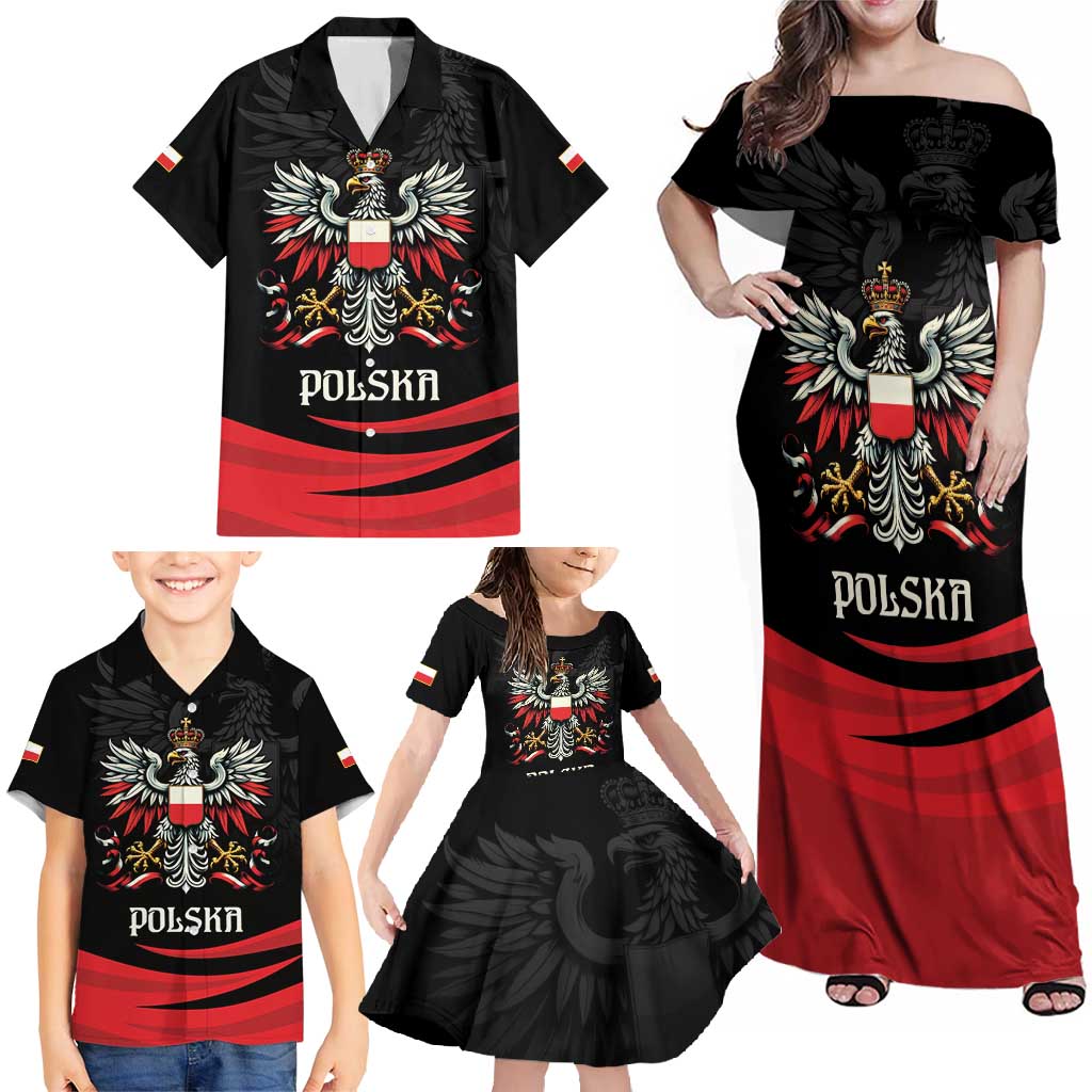 Poland National Flag Day Personalized Family Matching Off Shoulder Maxi Dress and Hawaiian Shirt Polsk Eagle Proud to be Poland
