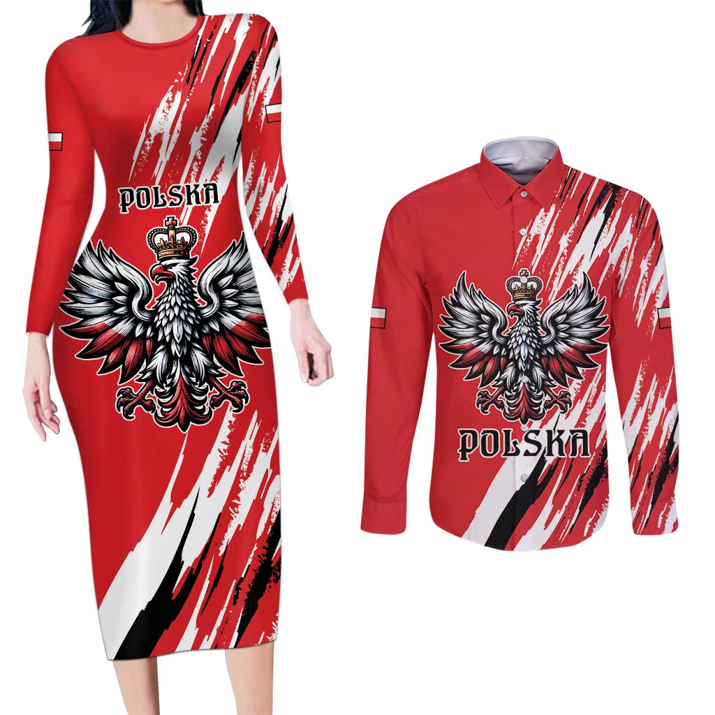 Poland National Flag Day Personalized Couples Matching Long Sleeve Bodycon Dress and Long Sleeve Button Shirt Polsk Eagle Simple Style