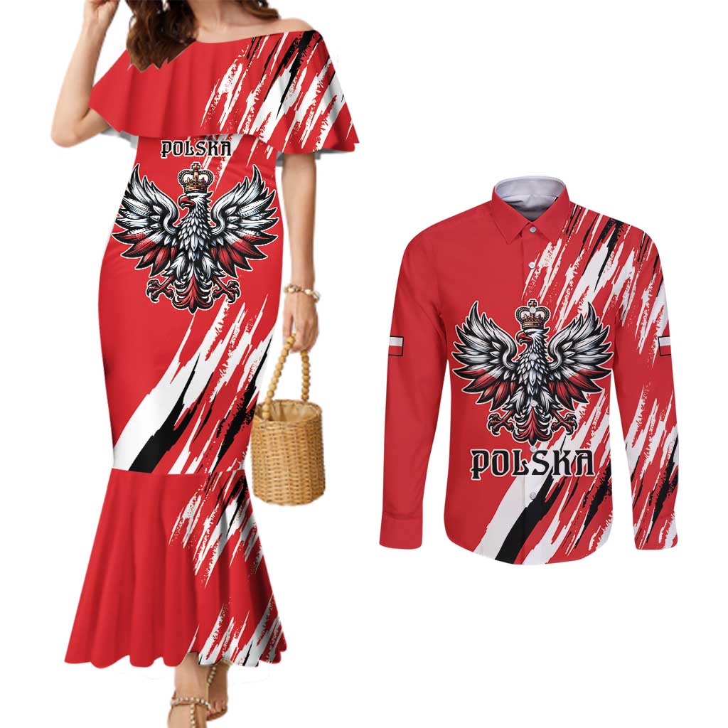 Poland National Flag Day Personalized Couples Matching Mermaid Dress and Long Sleeve Button Shirt Polsk Eagle Simple Style