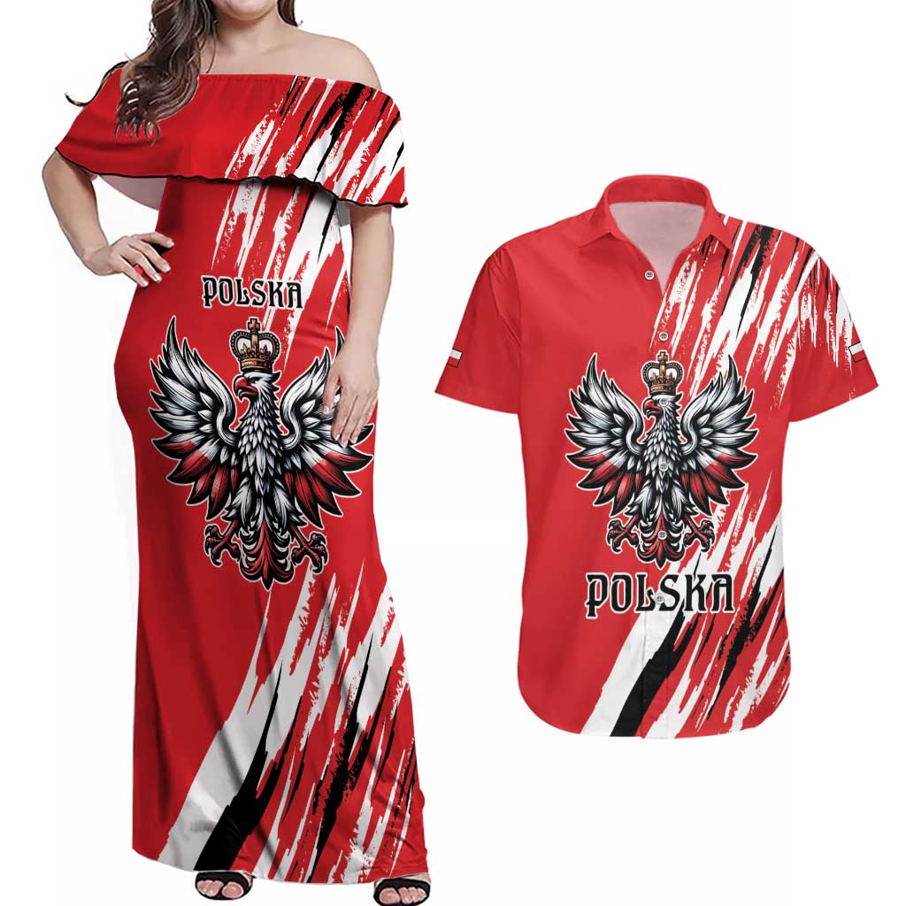 Poland National Flag Day Personalized Couples Matching Off Shoulder Maxi Dress and Hawaiian Shirt Polsk Eagle Simple Style