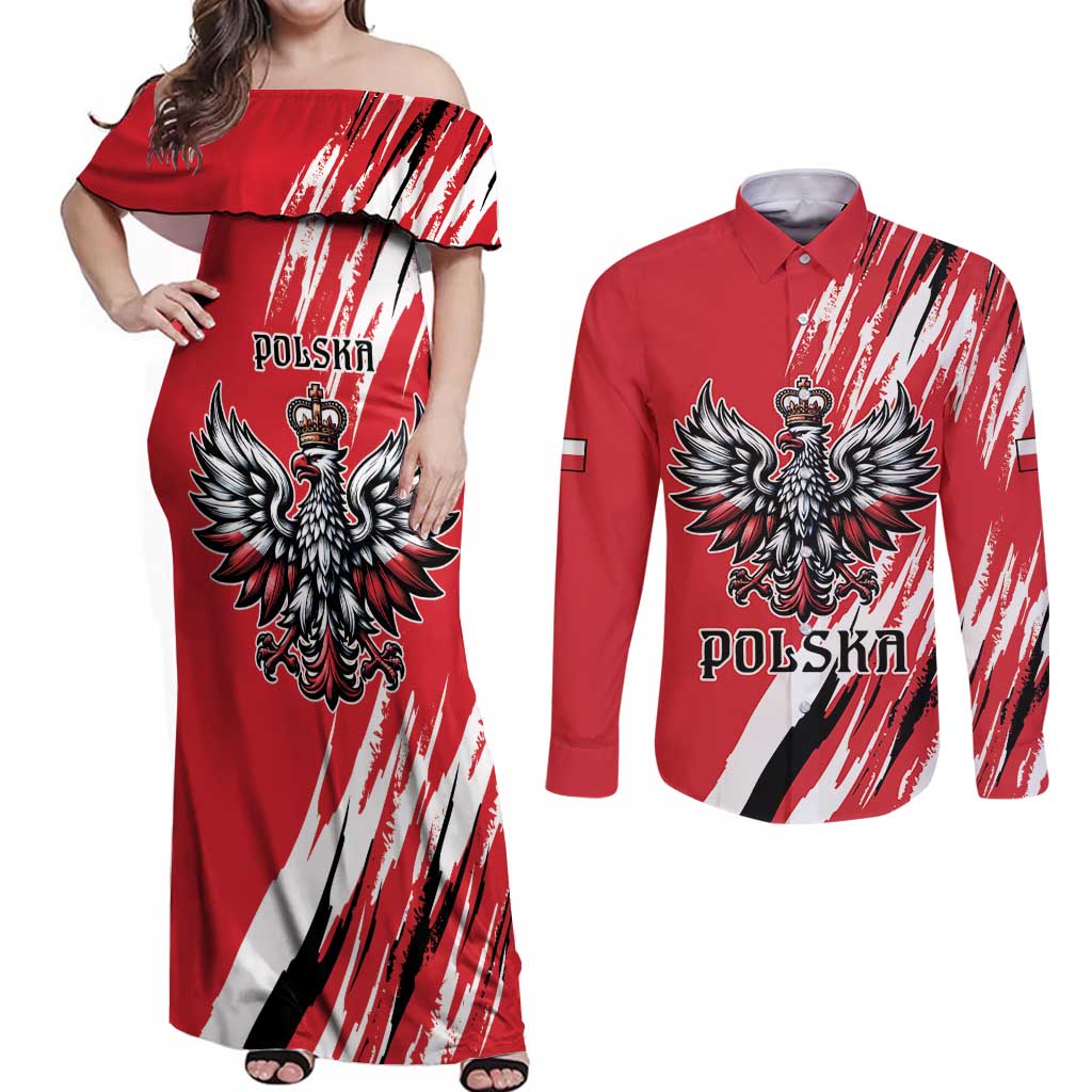 Poland National Flag Day Personalized Couples Matching Off Shoulder Maxi Dress and Long Sleeve Button Shirt Polsk Eagle Simple Style