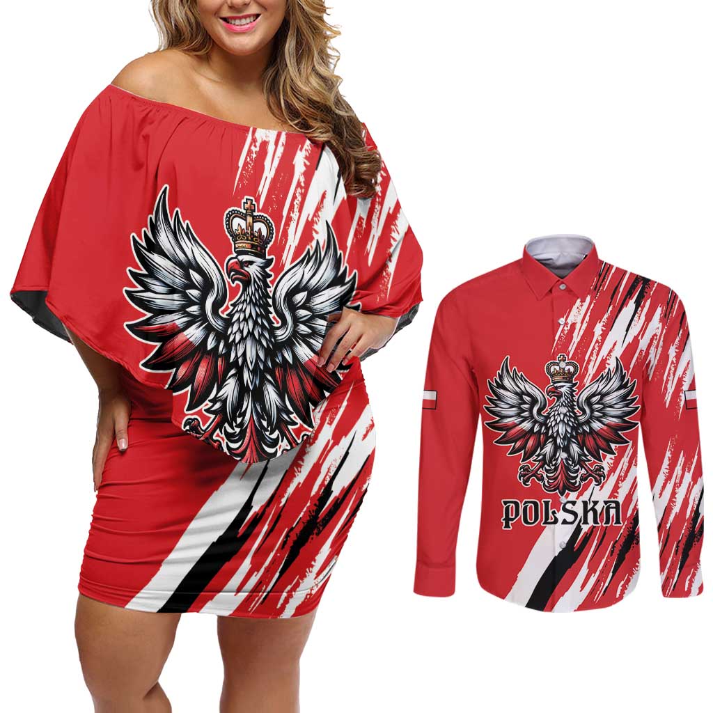 Poland National Flag Day Personalized Couples Matching Off Shoulder Short Dress and Long Sleeve Button Shirt Polsk Eagle Simple Style
