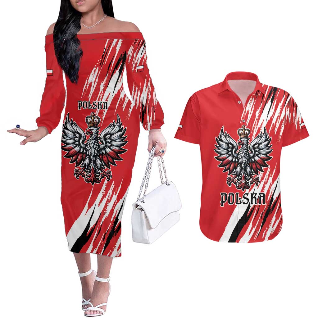 Poland National Flag Day Personalized Couples Matching Off The Shoulder Long Sleeve Dress and Hawaiian Shirt Polsk Eagle Simple Style