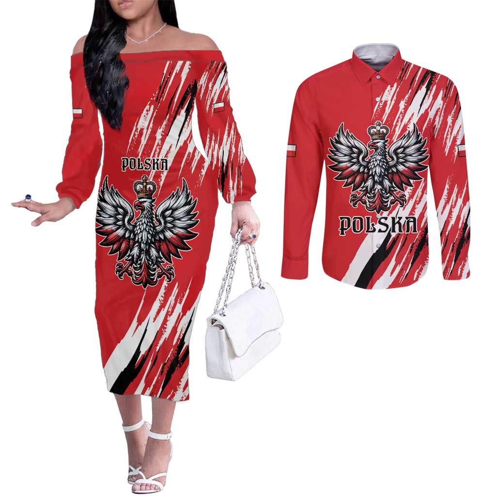 Poland National Flag Day Personalized Couples Matching Off The Shoulder Long Sleeve Dress and Long Sleeve Button Shirt Polsk Eagle Simple Style