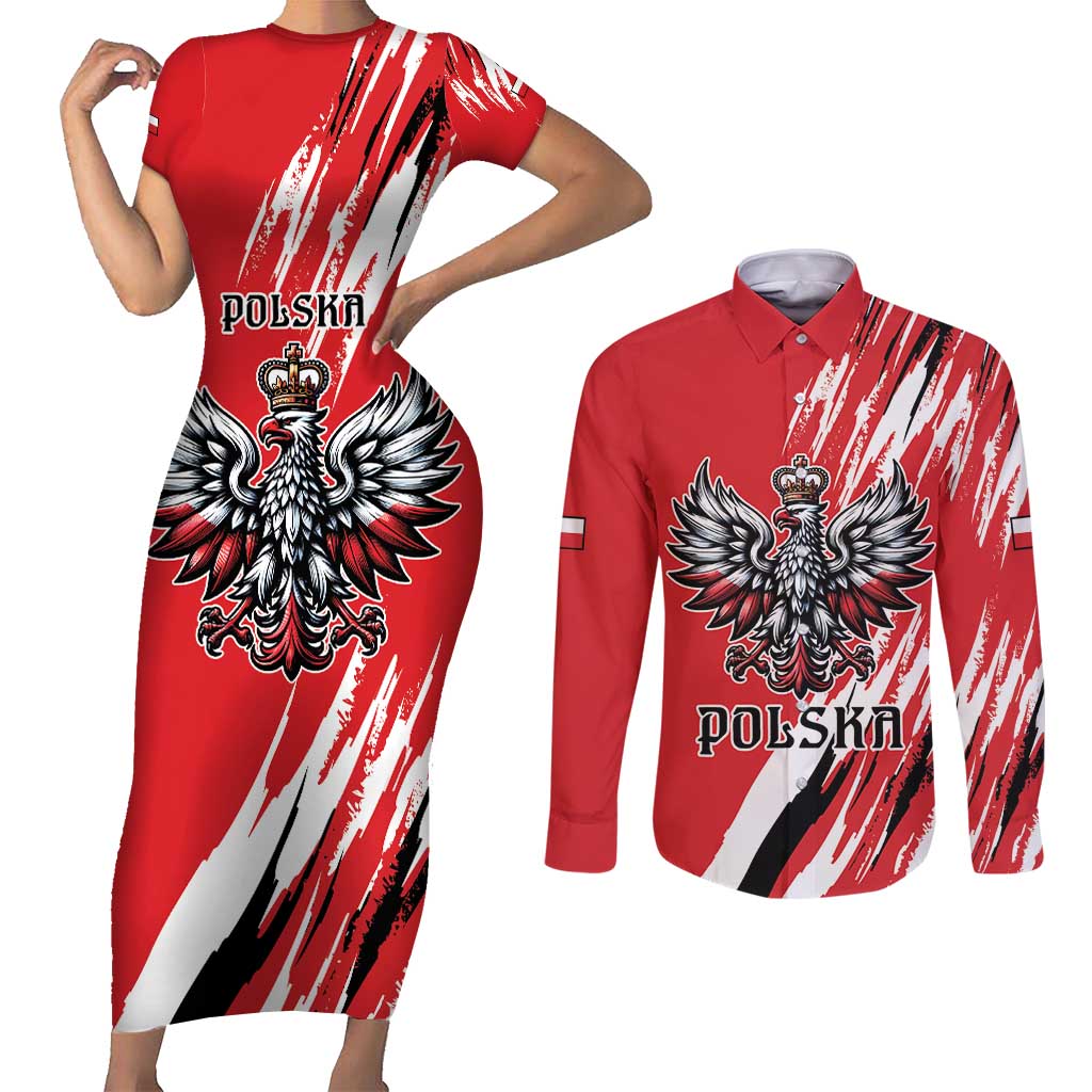 Poland National Flag Day Personalized Couples Matching Short Sleeve Bodycon Dress and Long Sleeve Button Shirt Polsk Eagle Simple Style