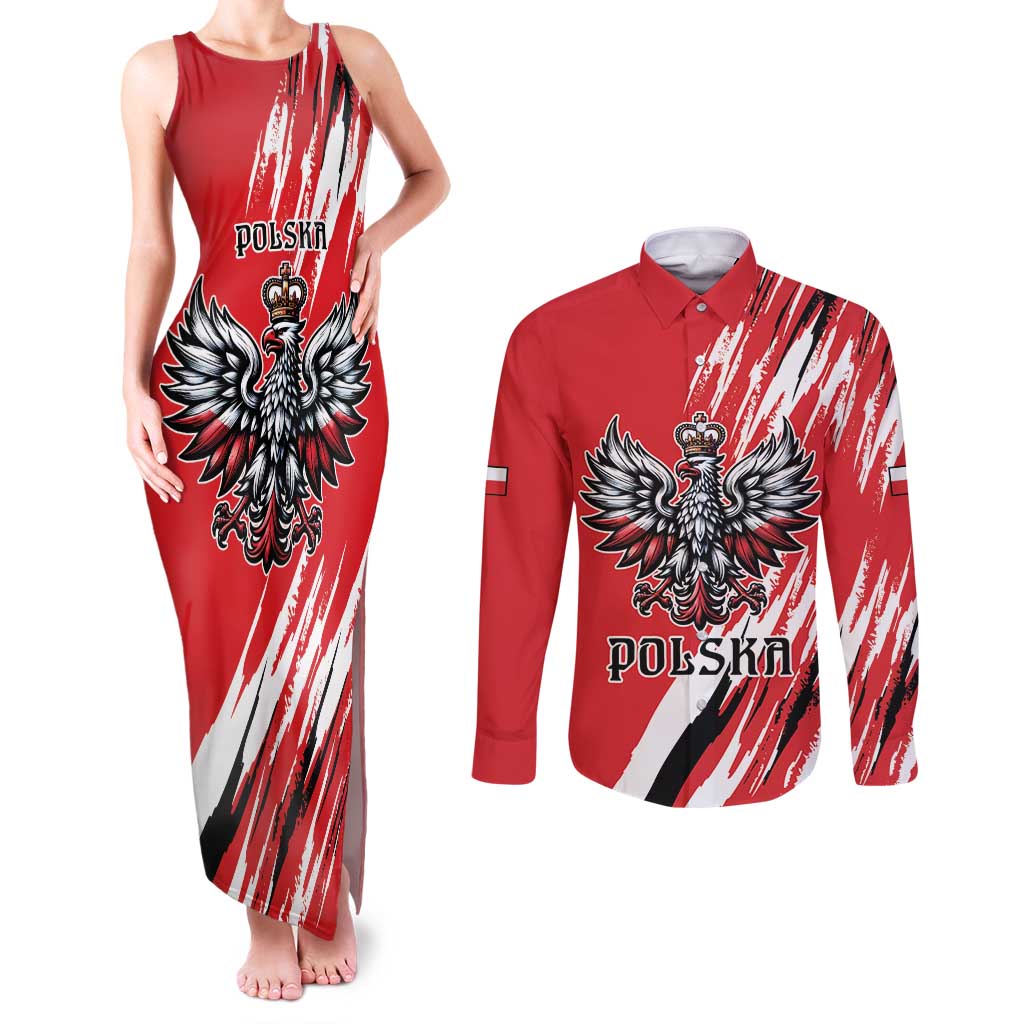 Poland National Flag Day Personalized Couples Matching Tank Maxi Dress and Long Sleeve Button Shirt Polsk Eagle Simple Style