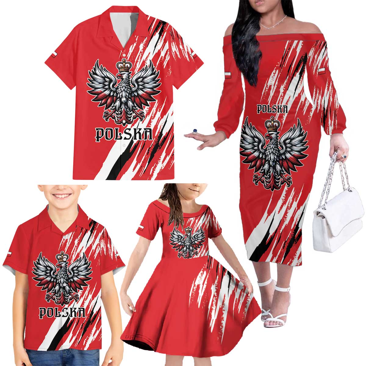Poland National Flag Day Personalized Family Matching Off The Shoulder Long Sleeve Dress and Hawaiian Shirt Polsk Eagle Simple Style