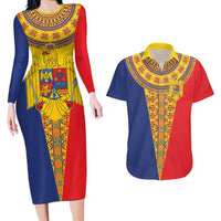 Romania Traditional Embroidery Pattern Couples Matching Long Sleeve Bodycon Dress and Hawaiian Shirt