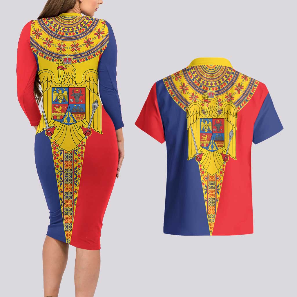 Romania Traditional Embroidery Pattern Couples Matching Long Sleeve Bodycon Dress and Hawaiian Shirt