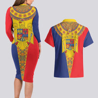 Romania Traditional Embroidery Pattern Couples Matching Long Sleeve Bodycon Dress and Hawaiian Shirt