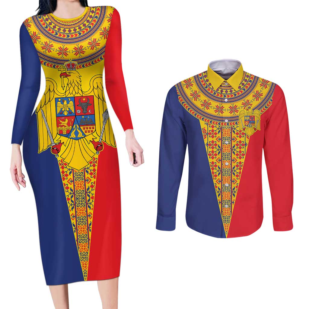 Romania Traditional Embroidery Pattern Couples Matching Long Sleeve Bodycon Dress and Long Sleeve Button Shirt