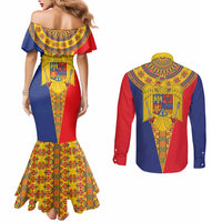 Romania Traditional Embroidery Pattern Couples Matching Mermaid Dress and Long Sleeve Button Shirt