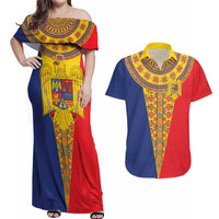 Romania Traditional Embroidery Pattern Couples Matching Off Shoulder Maxi Dress and Hawaiian Shirt