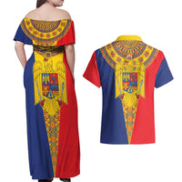 Romania Traditional Embroidery Pattern Couples Matching Off Shoulder Maxi Dress and Hawaiian Shirt