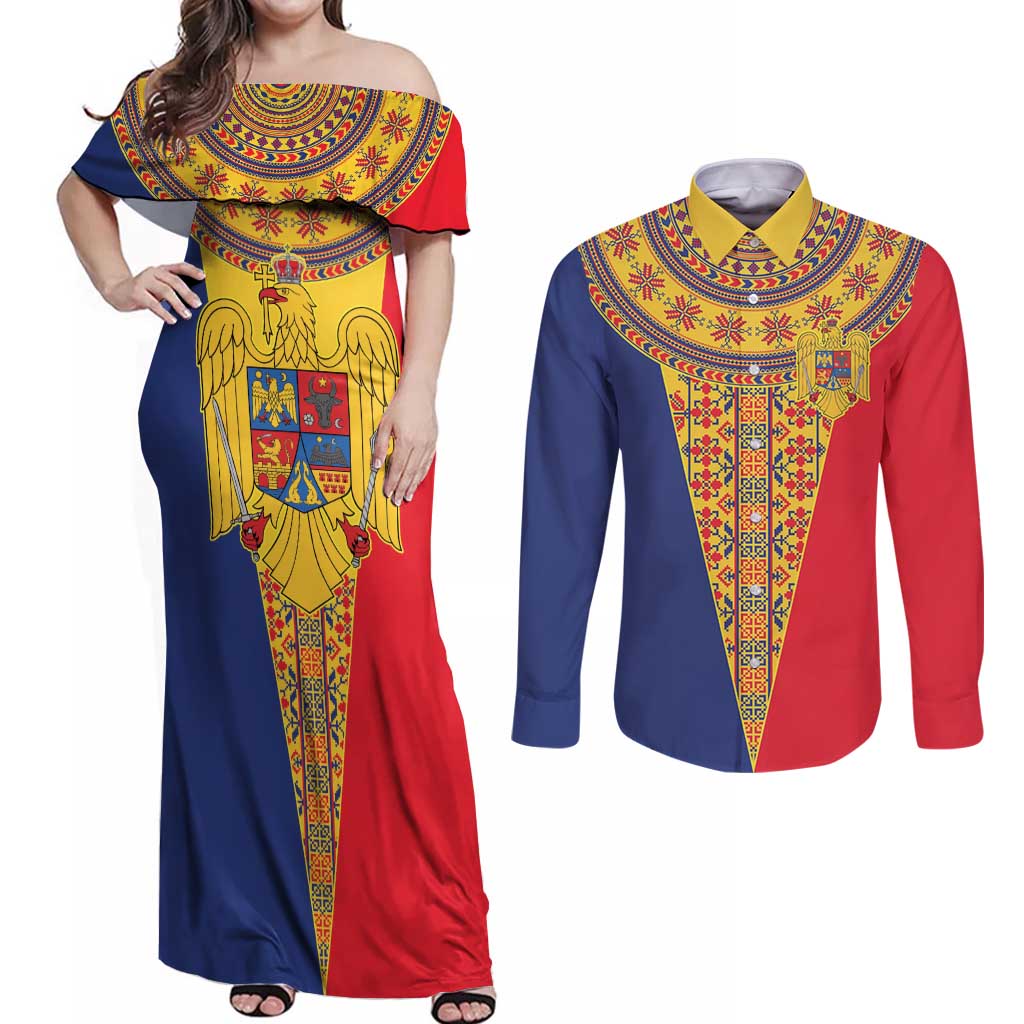 Romania Traditional Embroidery Pattern Couples Matching Off Shoulder Maxi Dress and Long Sleeve Button Shirt