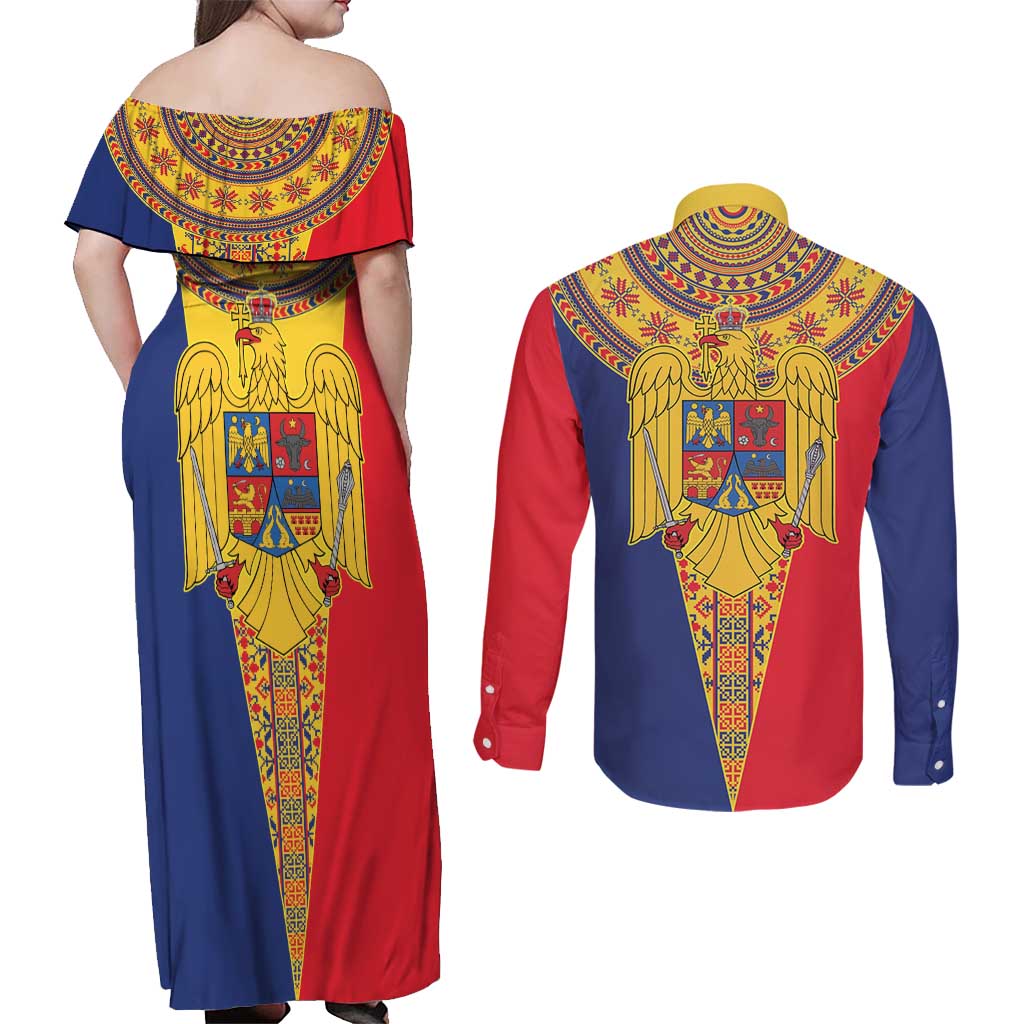 Romania Traditional Embroidery Pattern Couples Matching Off Shoulder Maxi Dress and Long Sleeve Button Shirt