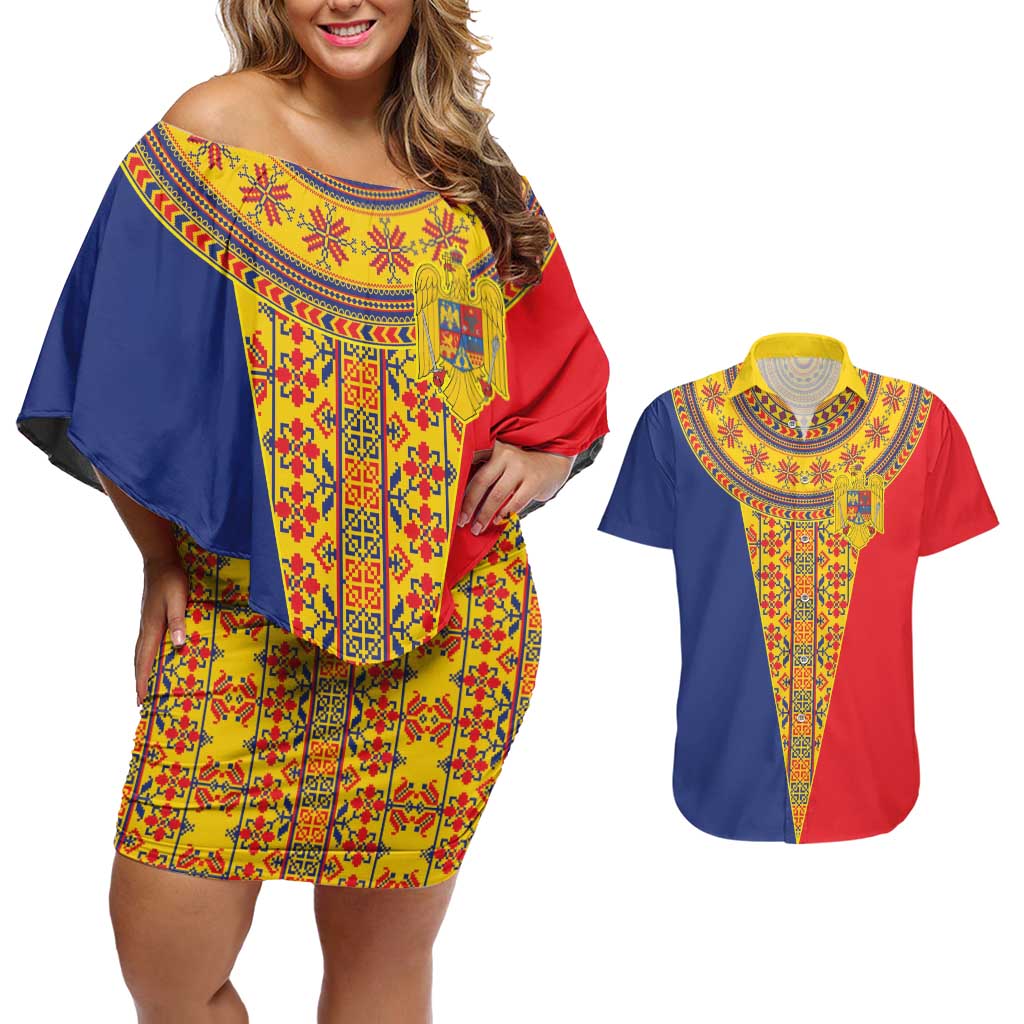 Romania Traditional Embroidery Pattern Couples Matching Off Shoulder Short Dress and Hawaiian Shirt