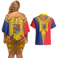 Romania Traditional Embroidery Pattern Couples Matching Off Shoulder Short Dress and Hawaiian Shirt
