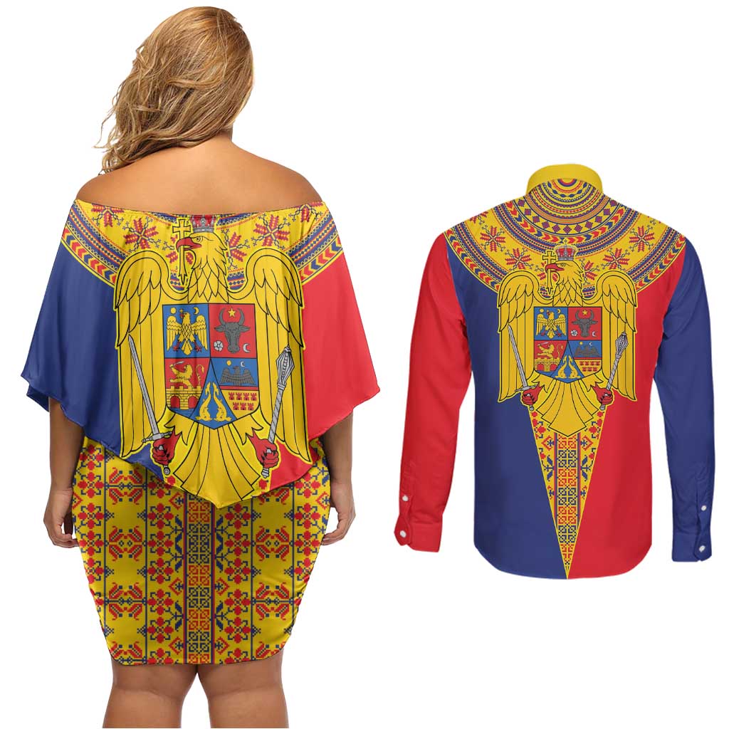 Romania Traditional Embroidery Pattern Couples Matching Off Shoulder Short Dress and Long Sleeve Button Shirt