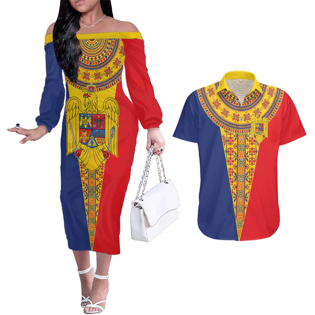 Romania Traditional Embroidery Pattern Couples Matching Off The Shoulder Long Sleeve Dress and Hawaiian Shirt