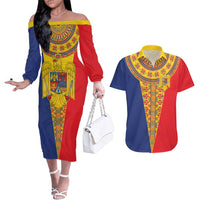 Romania Traditional Embroidery Pattern Couples Matching Off The Shoulder Long Sleeve Dress and Hawaiian Shirt