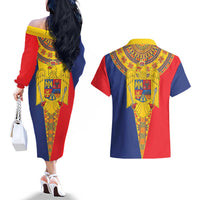 Romania Traditional Embroidery Pattern Couples Matching Off The Shoulder Long Sleeve Dress and Hawaiian Shirt