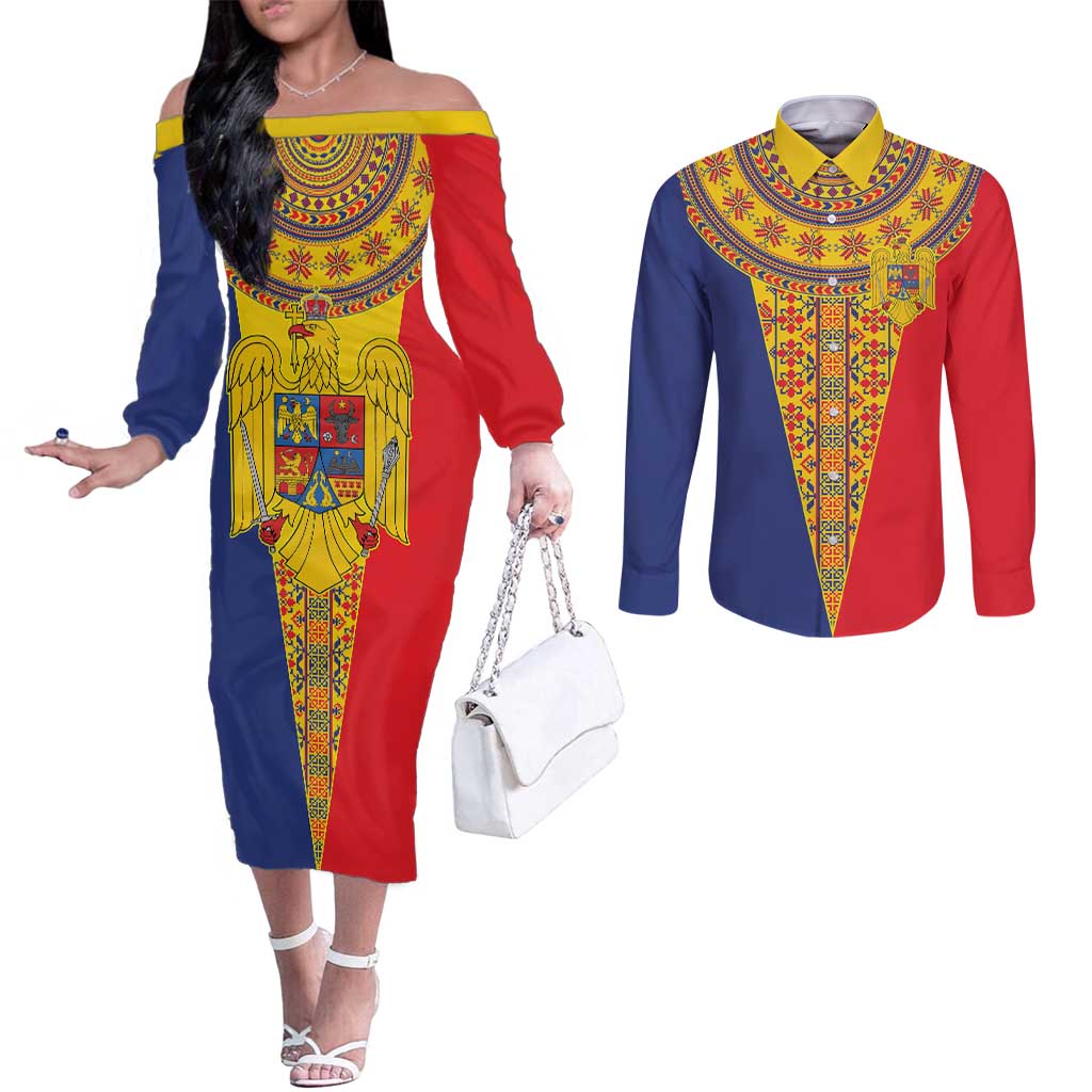 Romania Traditional Embroidery Pattern Couples Matching Off The Shoulder Long Sleeve Dress and Long Sleeve Button Shirt