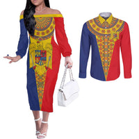 Romania Traditional Embroidery Pattern Couples Matching Off The Shoulder Long Sleeve Dress and Long Sleeve Button Shirt