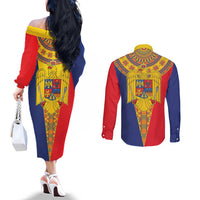 Romania Traditional Embroidery Pattern Couples Matching Off The Shoulder Long Sleeve Dress and Long Sleeve Button Shirt