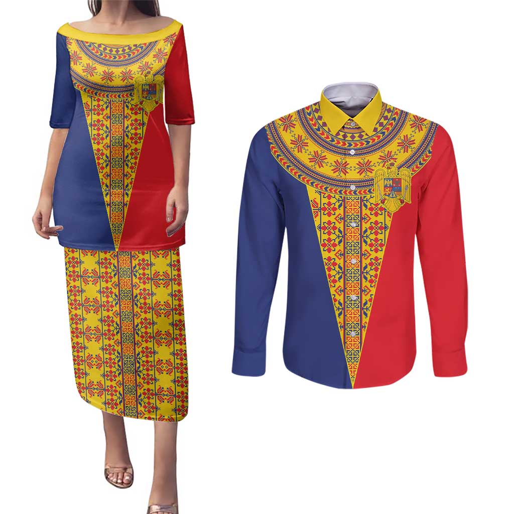 Romania Traditional Embroidery Pattern Couples Matching Puletasi and Long Sleeve Button Shirt