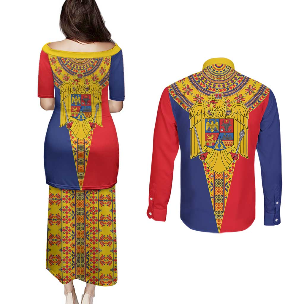 Romania Traditional Embroidery Pattern Couples Matching Puletasi and Long Sleeve Button Shirt