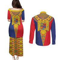 Romania Traditional Embroidery Pattern Couples Matching Puletasi and Long Sleeve Button Shirt