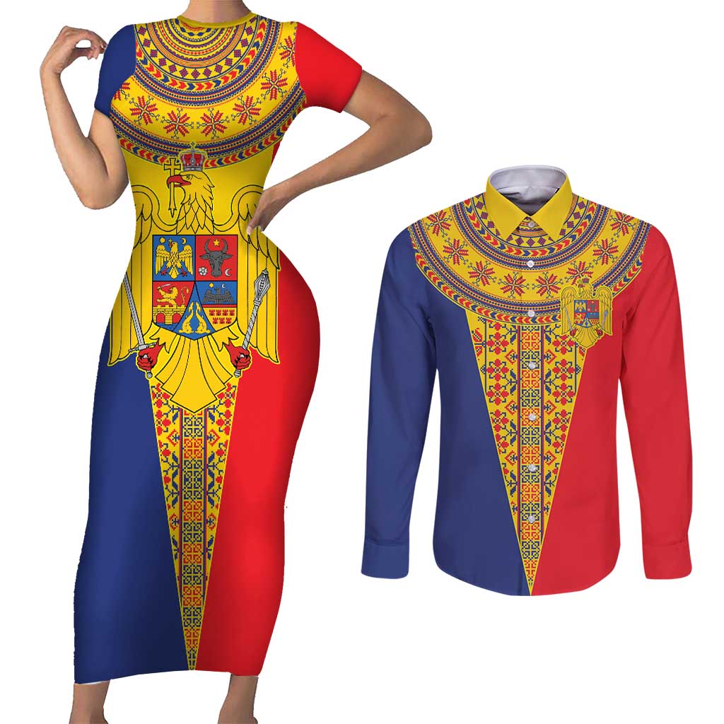 Romania Traditional Embroidery Pattern Couples Matching Short Sleeve Bodycon Dress and Long Sleeve Button Shirt