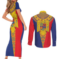 Romania Traditional Embroidery Pattern Couples Matching Short Sleeve Bodycon Dress and Long Sleeve Button Shirt