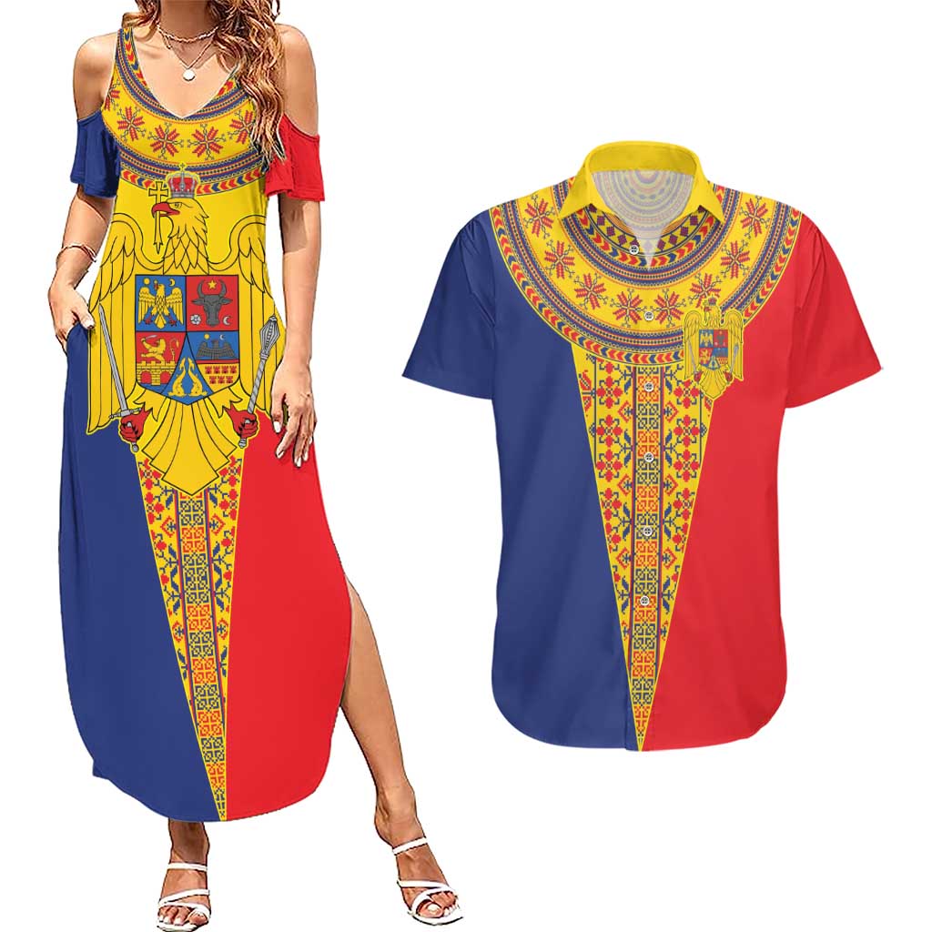 Romania Traditional Embroidery Pattern Couples Matching Summer Maxi Dress and Hawaiian Shirt