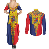 Romania Traditional Embroidery Pattern Couples Matching Summer Maxi Dress and Long Sleeve Button Shirt