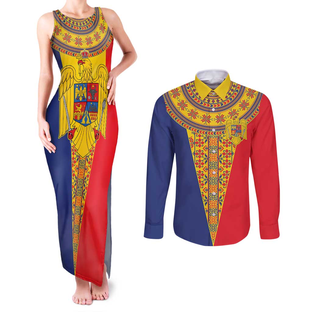 Romania Traditional Embroidery Pattern Couples Matching Tank Maxi Dress and Long Sleeve Button Shirt