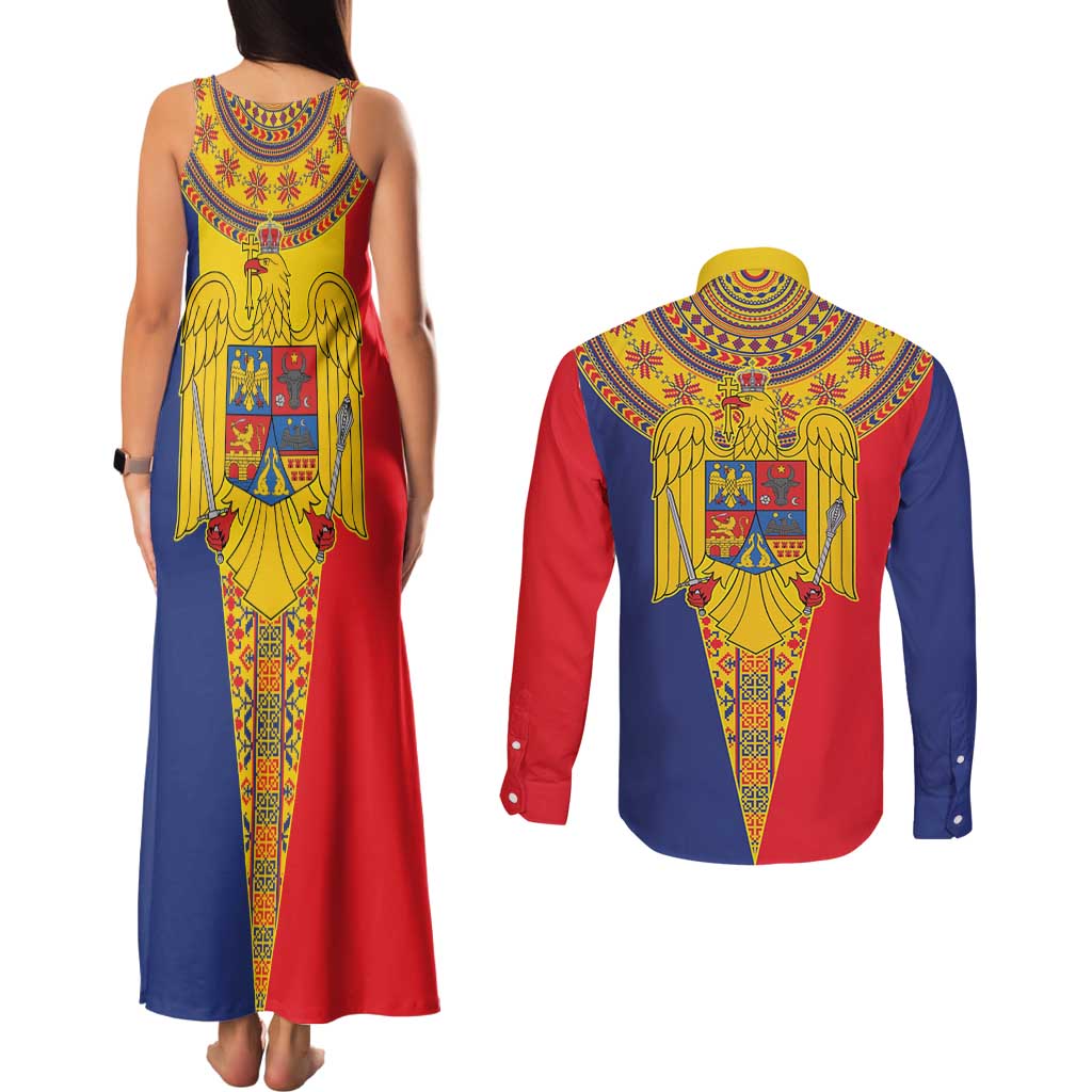 Romania Traditional Embroidery Pattern Couples Matching Tank Maxi Dress and Long Sleeve Button Shirt