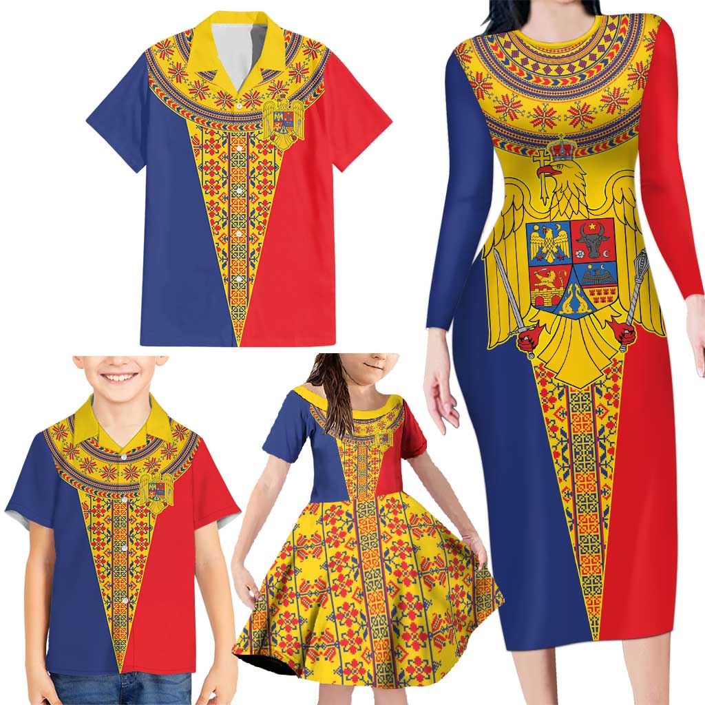 Romania Traditional Embroidery Pattern Family Matching Long Sleeve Bodycon Dress and Hawaiian Shirt