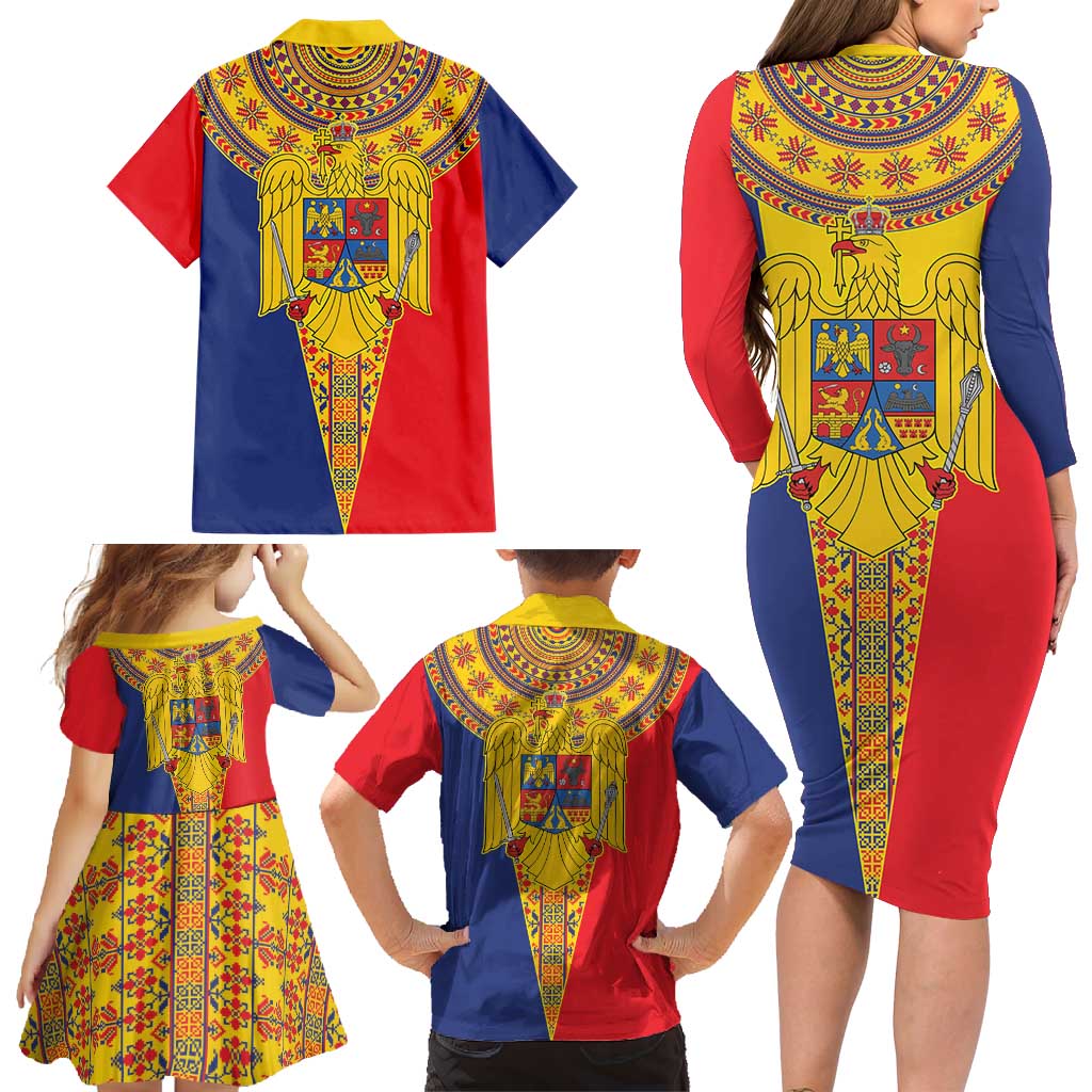 Romania Traditional Embroidery Pattern Family Matching Long Sleeve Bodycon Dress and Hawaiian Shirt