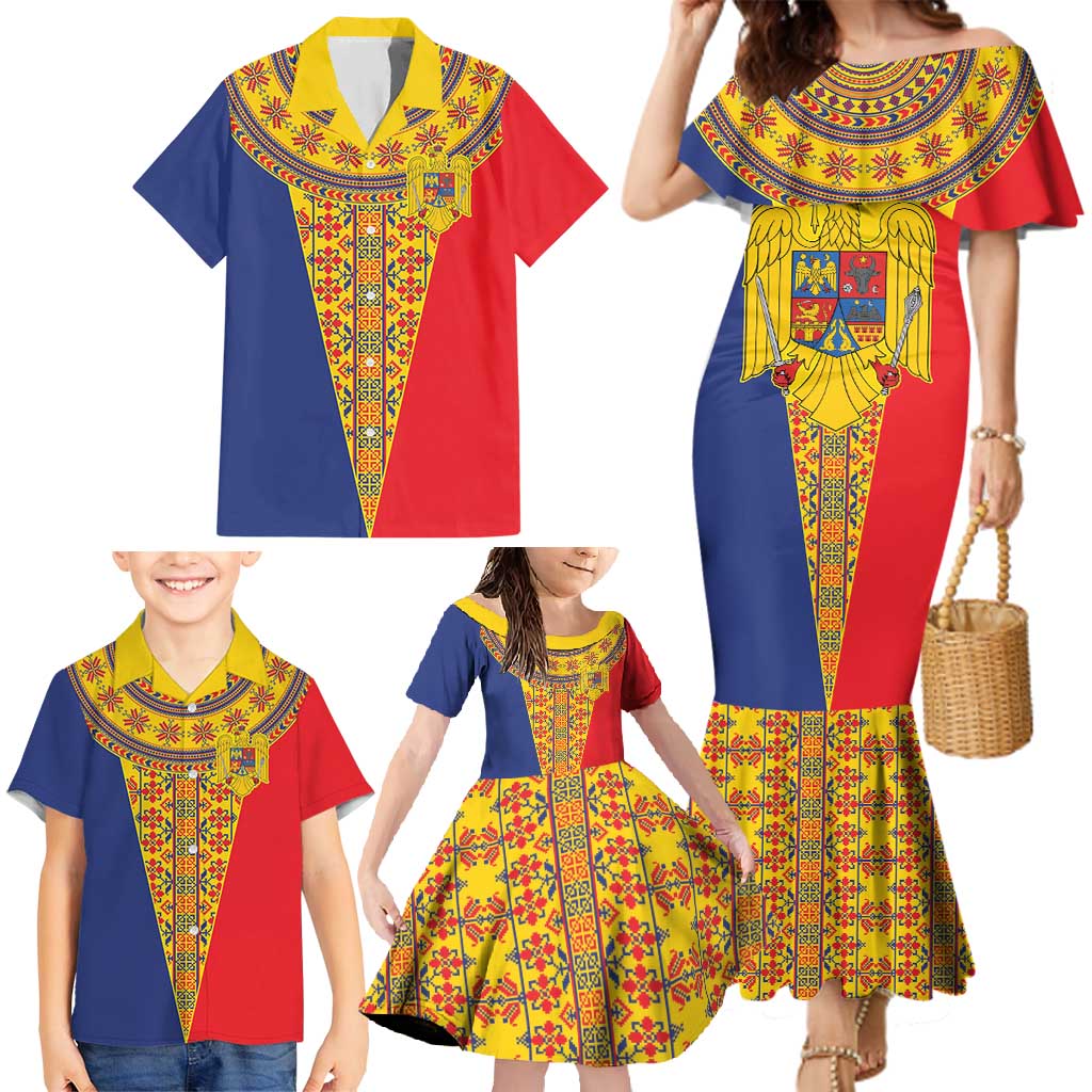 Romania Traditional Embroidery Pattern Family Matching Mermaid Dress and Hawaiian Shirt