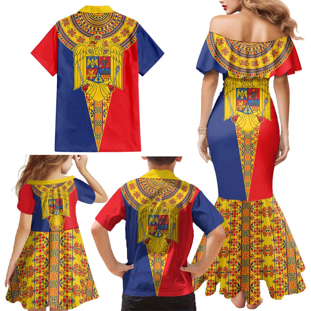 Romania Traditional Embroidery Pattern Family Matching Mermaid Dress and Hawaiian Shirt