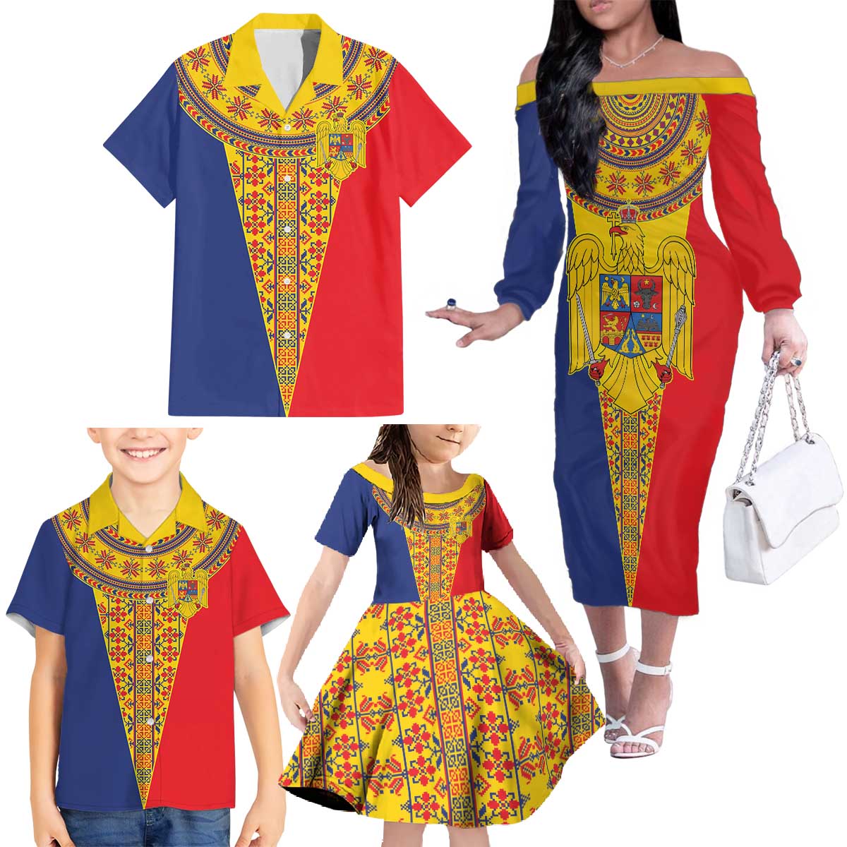 Romania Traditional Embroidery Pattern Family Matching Off The Shoulder Long Sleeve Dress and Hawaiian Shirt