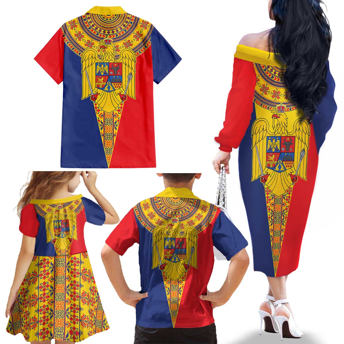 Romania Traditional Embroidery Pattern Family Matching Off The Shoulder Long Sleeve Dress and Hawaiian Shirt